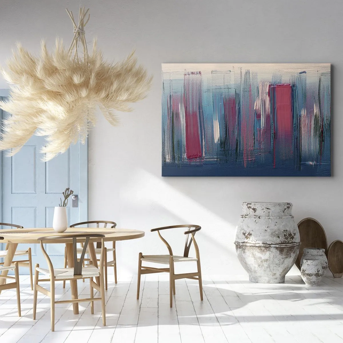 Schilderen op canvas - Abstracte verticale vormen in tinten blauw en rood - 70x50cm - Verticale compositie in blauw en rood - Moderne wanddecoratie voor woonkamer en slaapkamer ARTTOR