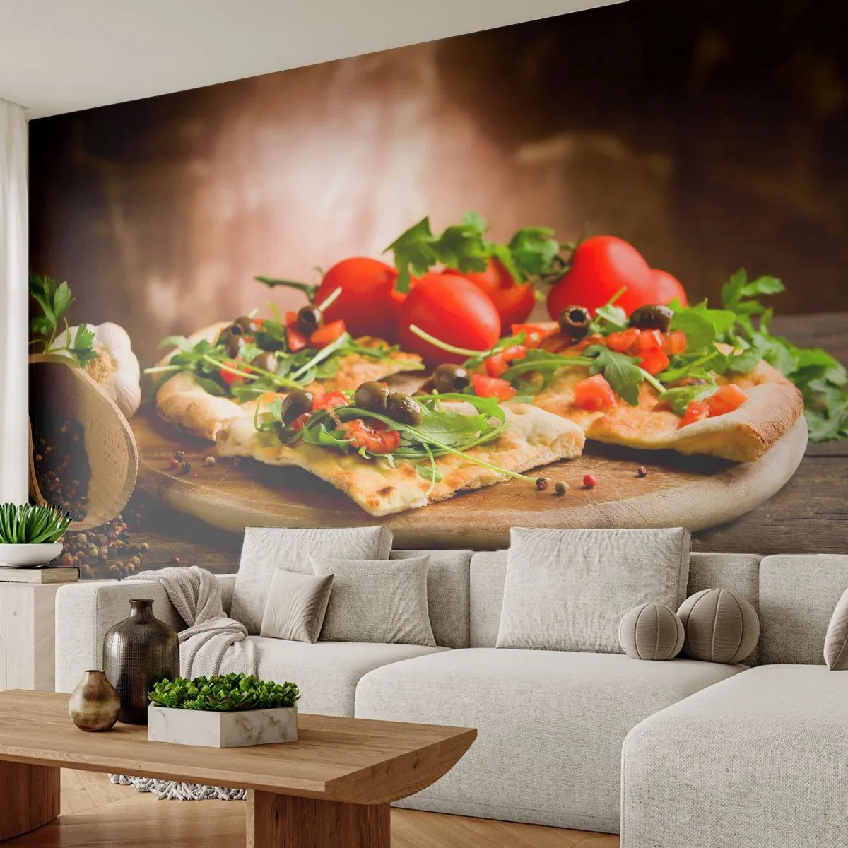 Zelfklevend Fotobehang Deluxe Sticker - Recht uit de oven en uit de tuin - Gastronomie, Pizza, Italië - 250x175 cm