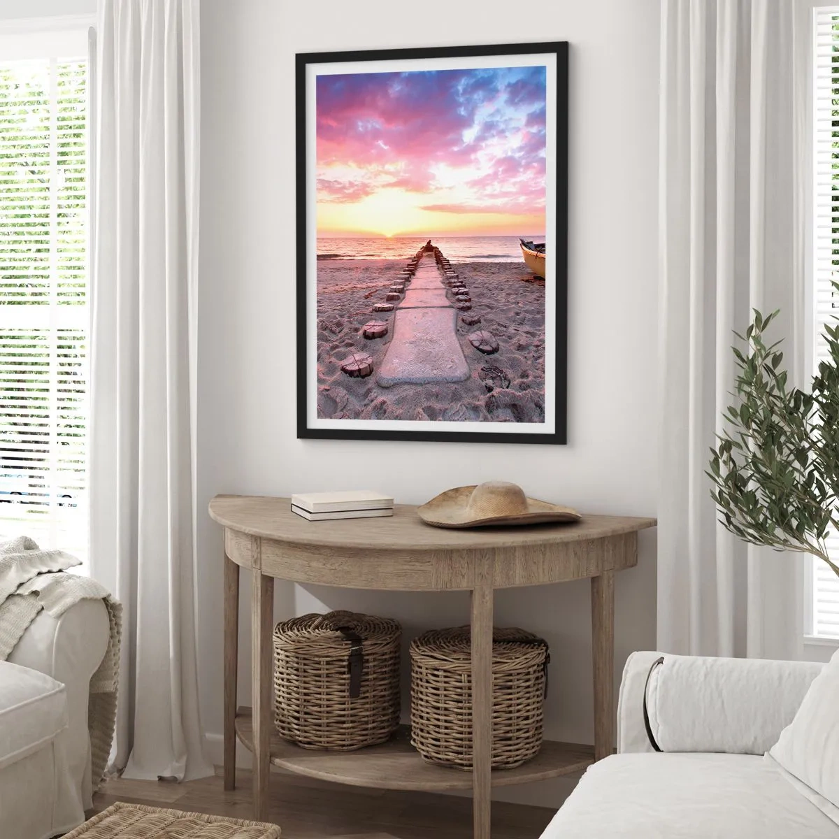 Poster in een zwarte lijst - Strandpad bij zonsondergang - 50x70cm - Een moment van diepe ervaring - Moderne wanddecoratie voor woonkamer en slaapkamer ARTTOR