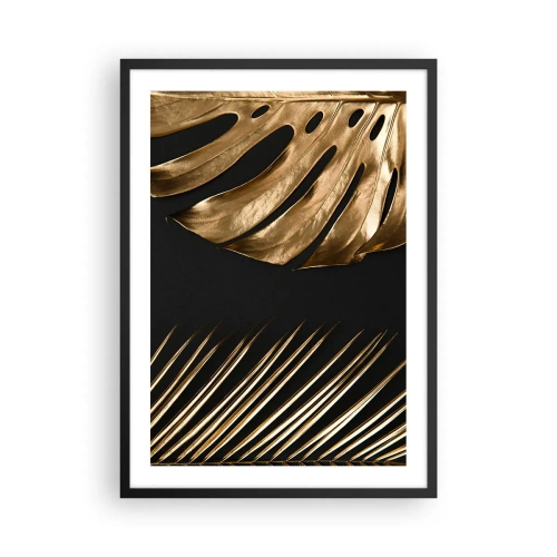 Poster in een zwarte lijst - Gouden bladeren op een zwarte achtergrond in een elegante stijl - 50x70cm - Anders en net zo duur - Moderne wanddecoratie voor woonkamer en slaapkamer ARTTOR