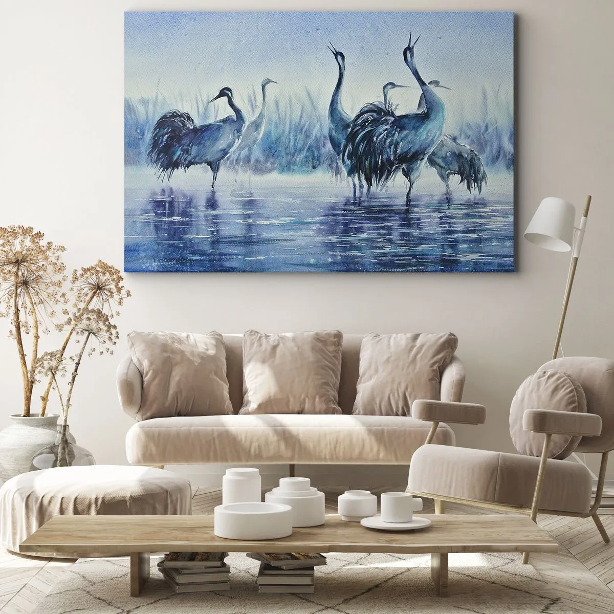 Schilderen op canvas - Kranen tegen de achtergrond van mist en water in blauwe tinten - 70x50cm - Ochtendvergadering - Moderne wanddecoratie voor woonkamer en slaapkamer ARTTOR