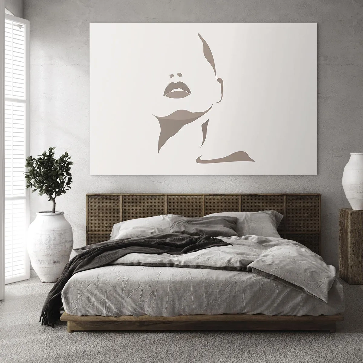Schilderen op glas - Schets van het gezicht en de nek van een vrouw in minimalistische stijl - 70x50cm - Gemaakt van licht en schaduw - Moderne wanddecoratie voor woonkamer en slaapkamer ARTTOR
