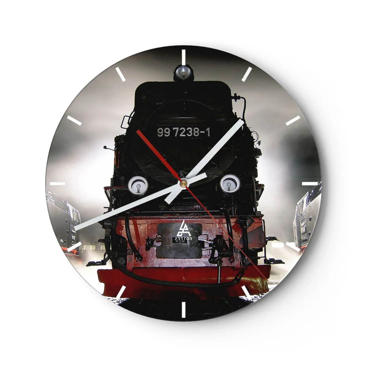 Wandklok - Klok - Een stoomlocomotief in retrostijl, omgeven door mist - 30x30cm - Hij staat en hapt, hapt en blaast - Moderne wanddecoratie voor woonkamer, keuken en slaapkamer ARTTOR