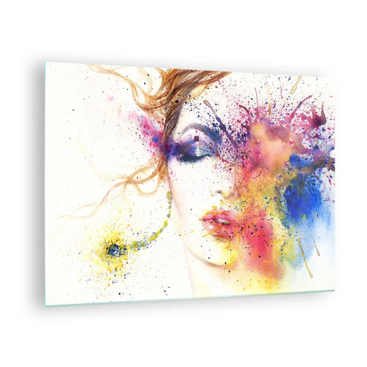 Schilderen op glas - Abstract portret van een vrouw met regenboogverfspatten - 70x50cm - Regenboogduizeligheid - Moderne wanddecoratie voor woonkamer en slaapkamer ARTTOR