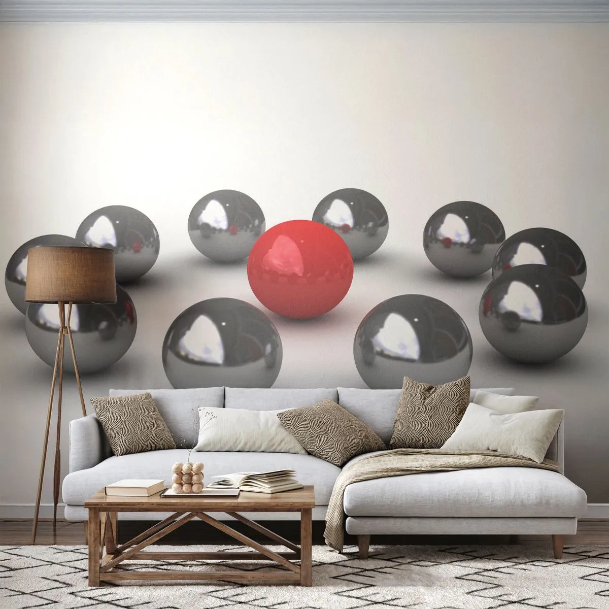 Fotobehang Standard Eco - Een cirkel in zilver en rood - Abstractie, 3D, Ronde ballen - 350x256 cm