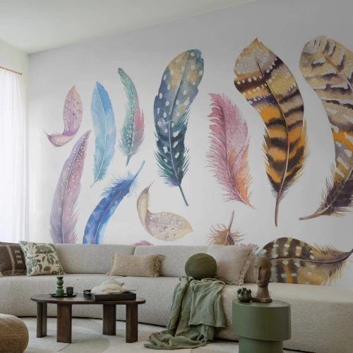 Fotobehang Premium Canvas - Licht, bont en veelkleurig - Vogelveren, Vogels, Grafisch - 200x140 cm