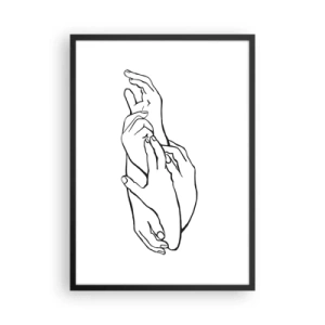 Poster in een zwarte lijst - Een minimalistische schets van gevouwen handen op een witte achtergrond. - 50x70cm - Goede aanraking - Moderne wanddecoratie voor woonkamer en slaapkamer ARTTOR