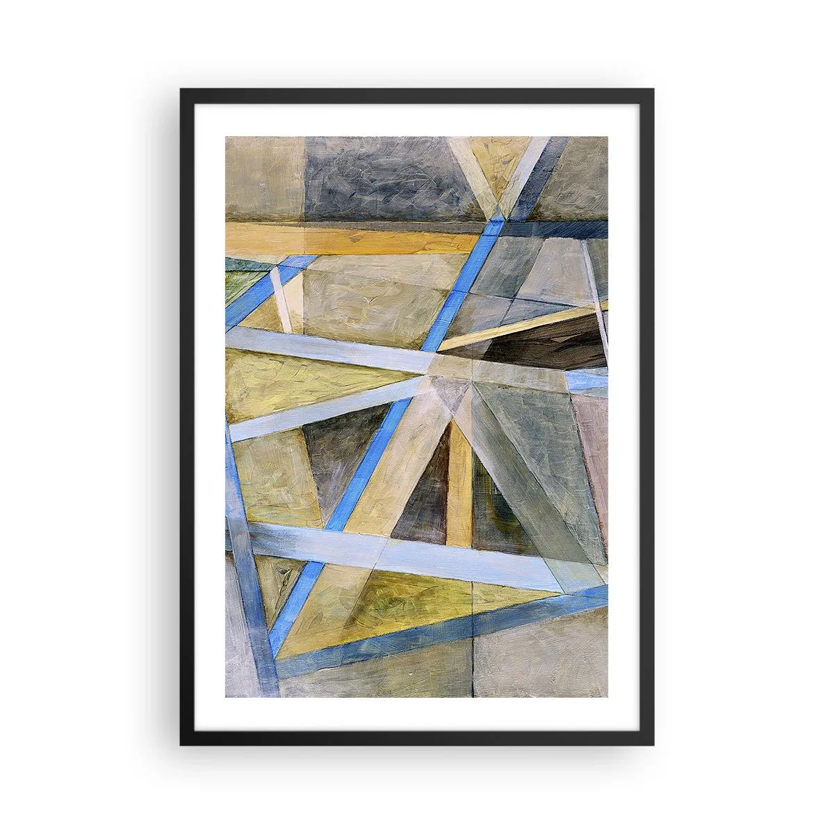 Poster in een zwarte lijst - Geometrische abstractie met tinten blauw en goud - 50x70cm - Recht of diagonaal? - Moderne wanddecoratie voor woonkamer en slaapkamer ARTTOR