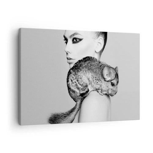 Schilderen op canvas - Gestileerde vrouw met een chinchilla in een elegante zwart-witcompositie - 70x50cm - Dame met een chinchilla - Moderne wanddecoratie voor woonkamer en slaapkamer ARTTOR
