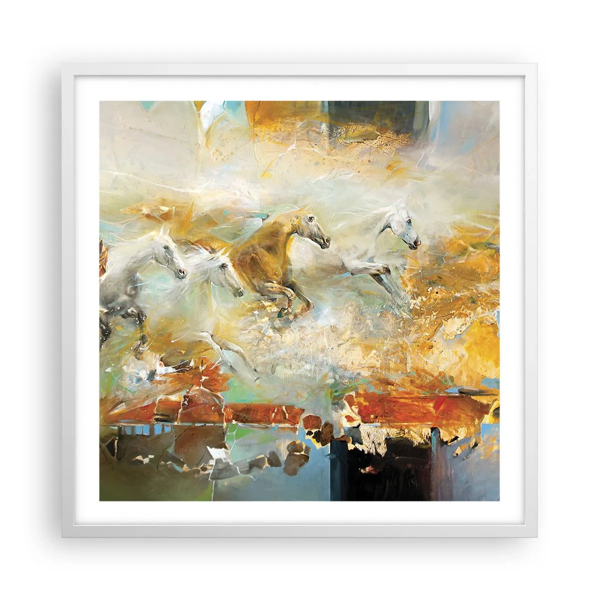 Poster in een witte lijst - Galopperen door het licht - 60x60 cm
