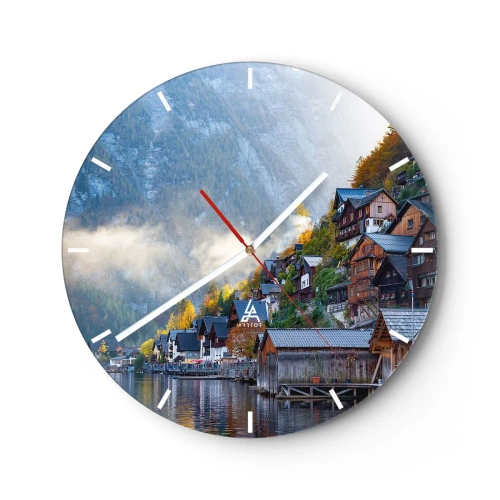 Wandklok - Klok - Een bergdorp aan een meer in het ochtendlicht - 30x30cm - Alpine sfeer - Moderne wanddecoratie voor woonkamer, keuken en slaapkamer ARTTOR