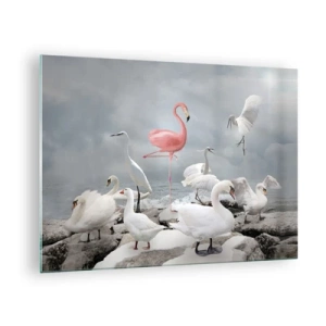 Schilderen op glas - Een roze flamingo tussen witte zwanen en reigers tegen het water - 70x50cm - Hoe ben ik hier terecht gekomen? - Moderne wanddecoratie voor woonkamer en slaapkamer ARTTOR
