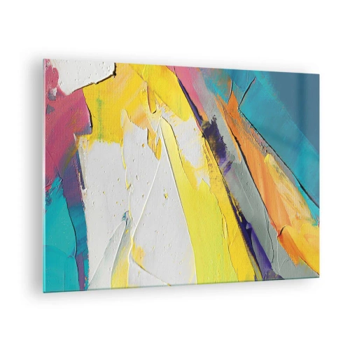 Schilderen op glas - Abstracte penseelstreken in geel, blauw en wit - 70x50cm - De anatomie van licht - Moderne wanddecoratie voor woonkamer en slaapkamer ARTTOR