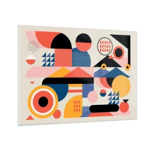 Schilderen op glas - Kleurrijke geometrische abstractie met cirkels en driehoeken - 70x50cm - Compositie: speel rond - Moderne wanddecoratie voor woonkamer en slaapkamer ARTTOR