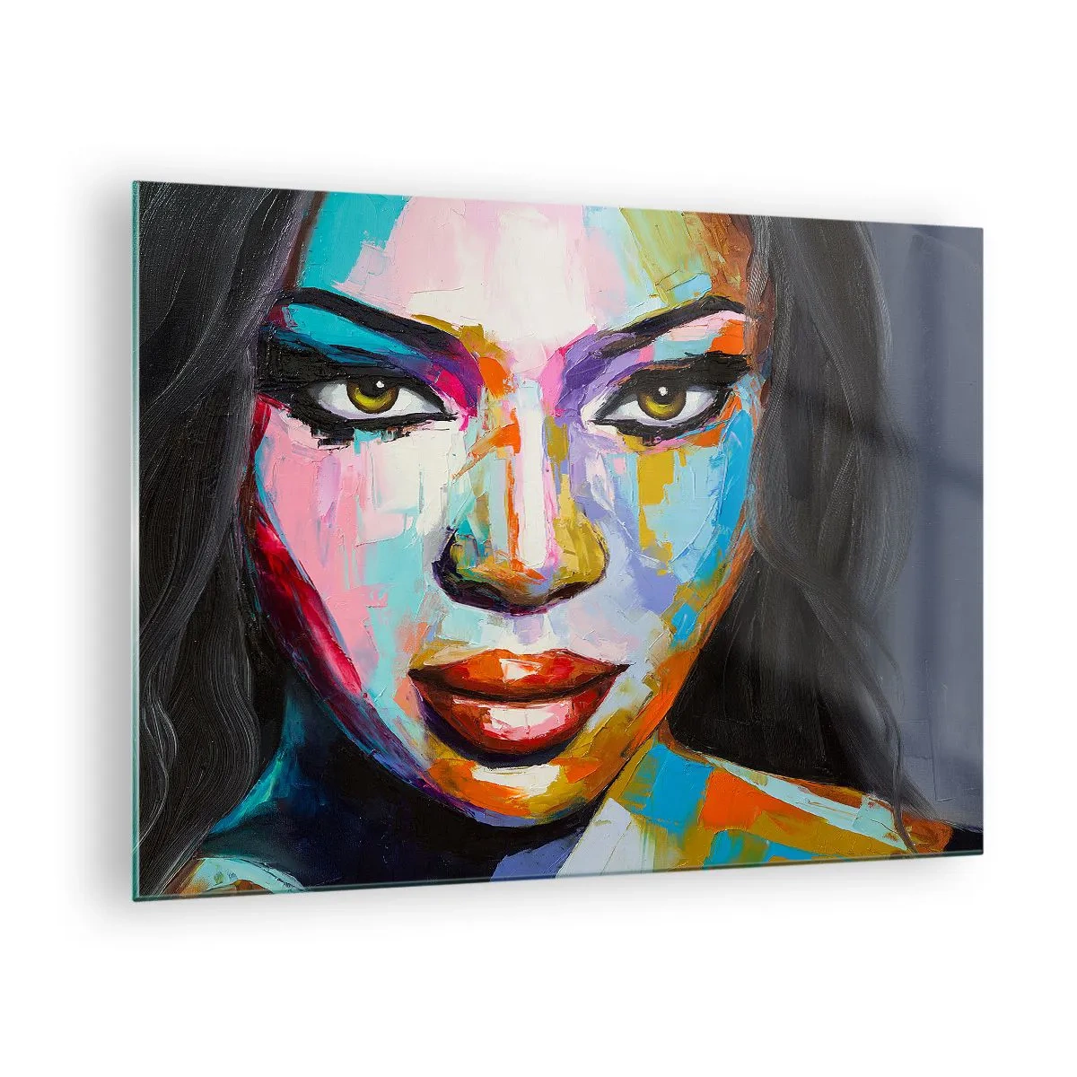 Schilderen op glas - Een kleurrijk portret van een vrouw in een kenmerkende stijl - 70x50cm - Het is onmogelijk om je ogen af