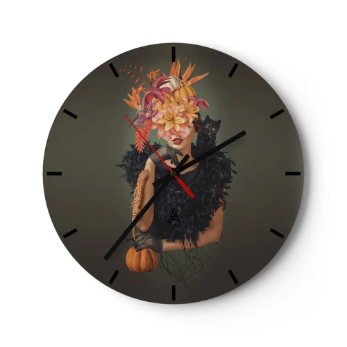 Wandklok - Klok - Een vrouw met een bloemstuk en een pompoen op een donkere achtergrond - 30x30cm - De spreuk van een heks - Moderne wanddecoratie voor woonkamer, keuken en slaapkamer ARTTOR