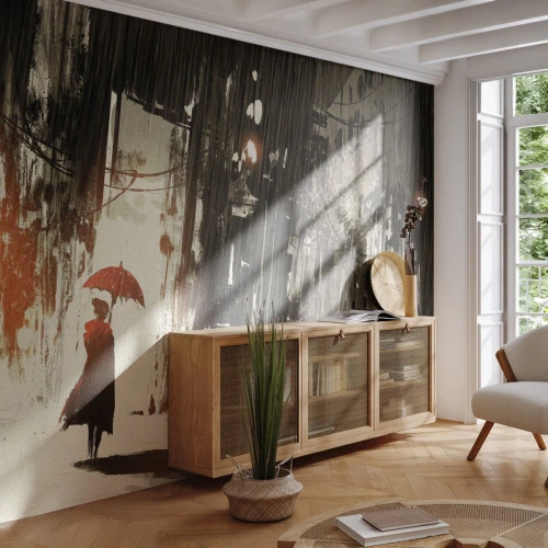Fotobehang Premium Sand - De poëzie van de rode paraplu - Stad, Vrouw, Architectuur - 100x70 cm