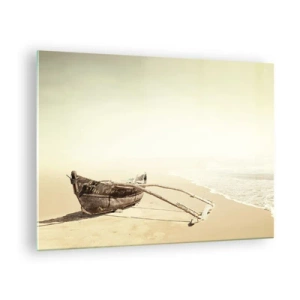 Schilderen op glas - Een oude vissersboot op het zand aan de kust - 70x50cm - Geheugen van de Stille Zuidzee - Moderne wanddecoratie voor woonkamer en slaapkamer ARTTOR