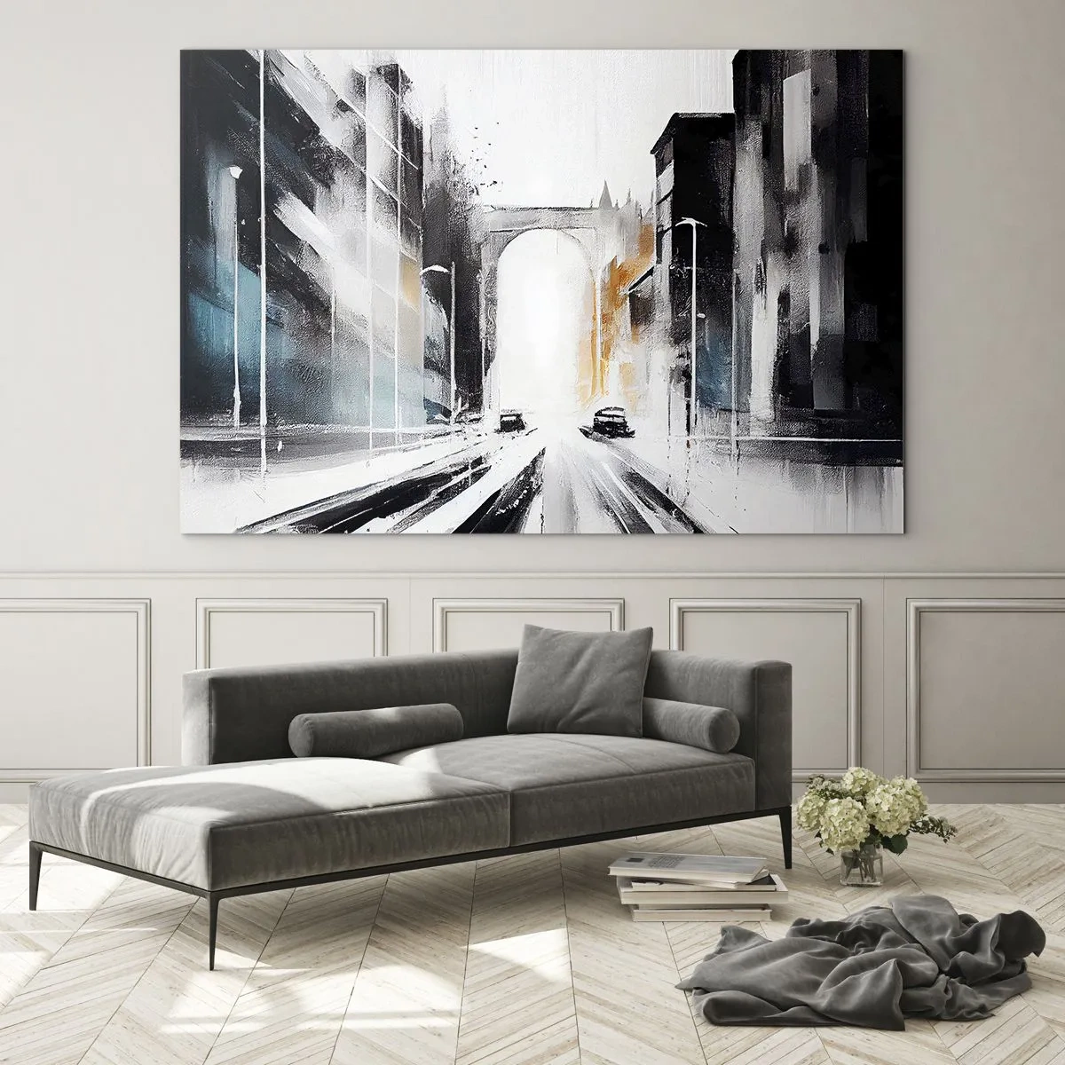 Schilderen op glas - Een dynamische stadsstraat met auto's en een boog op de achtergrond in schilderachtige stijl. - 70x50cm - Stadsstudie: architectuur en beweging - Moderne wanddecoratie voor woonkamer en slaapkamer ARTTOR
