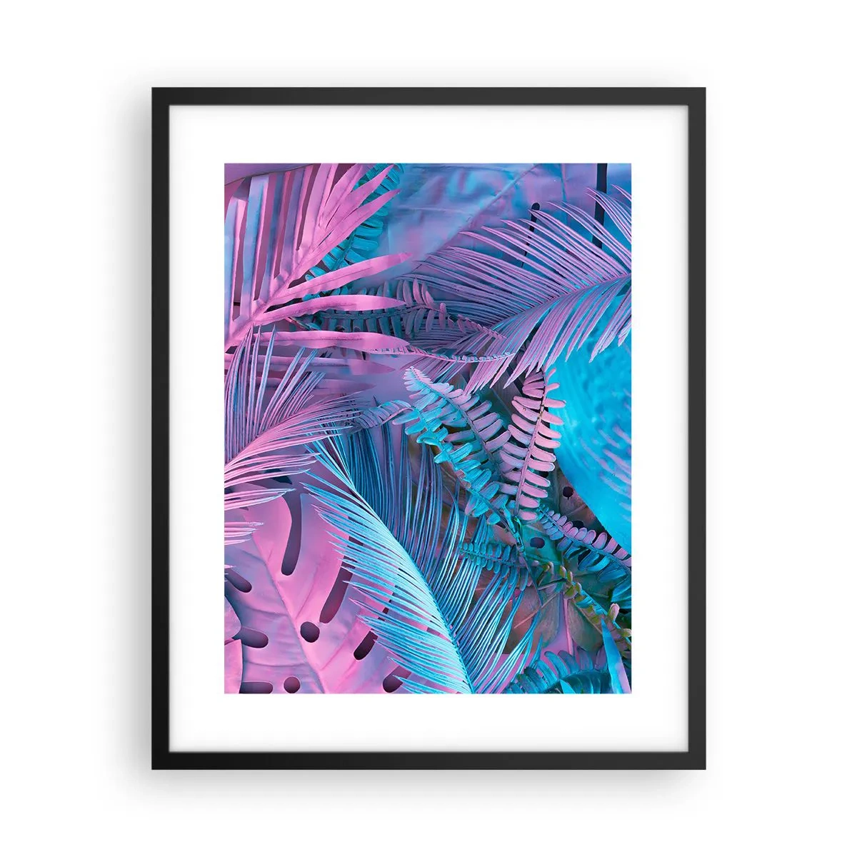 Poster in een zwarte lijst - Tropen in roze en blauw - 40x50 cm
