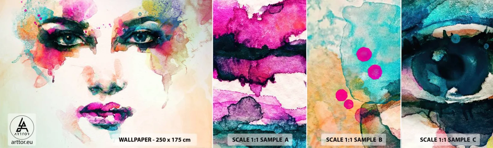 Fotobehang Monster Zelfklevend Deluxe Sticker - Een portret geschilderd met een regenboog - Abstractie, Het gezicht van de vrouw, Deel - 100x30 cm