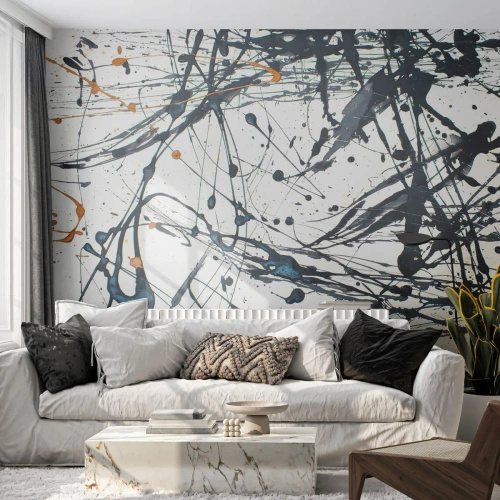 Fotobehang Standard Eco - Dynamische verfspatten op een lichte achtergrond in een expressieve stijl - 100x70cm - Expressionistische abstractie - Moderne wanddecoratie voor woonkamer en slaapkamer ARTTOR