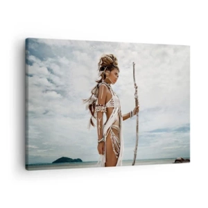 Schilderen op canvas - Gestileerde vrouw op het strand met etnische ornamenten en een stok - 70x50cm - Koningin van de tropen - Moderne wanddecoratie voor woonkamer en slaapkamer ARTTOR
