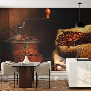 Fotobehang op maat Premium Canvas - Stilleven met koffiebonen en een molen - Gastronomie, Koffie, Koffiemolen
