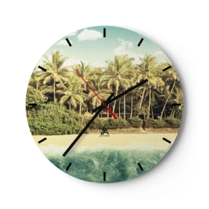 Wandklok - Klok - Een strand met palmbomen en een turquoise zee op de achtergrond - 30x30cm - Hoe zit het hier? - Moderne wanddecoratie voor woonkamer, keuken en slaapkamer ARTTOR