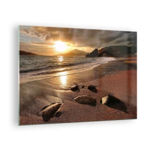 Schilderen op glas - Zonsondergang over een rotsachtig strand en heuvels - 70x50cm - Volg de zon naar de heuvels - Moderne wanddecoratie voor woonkamer en slaapkamer ARTTOR