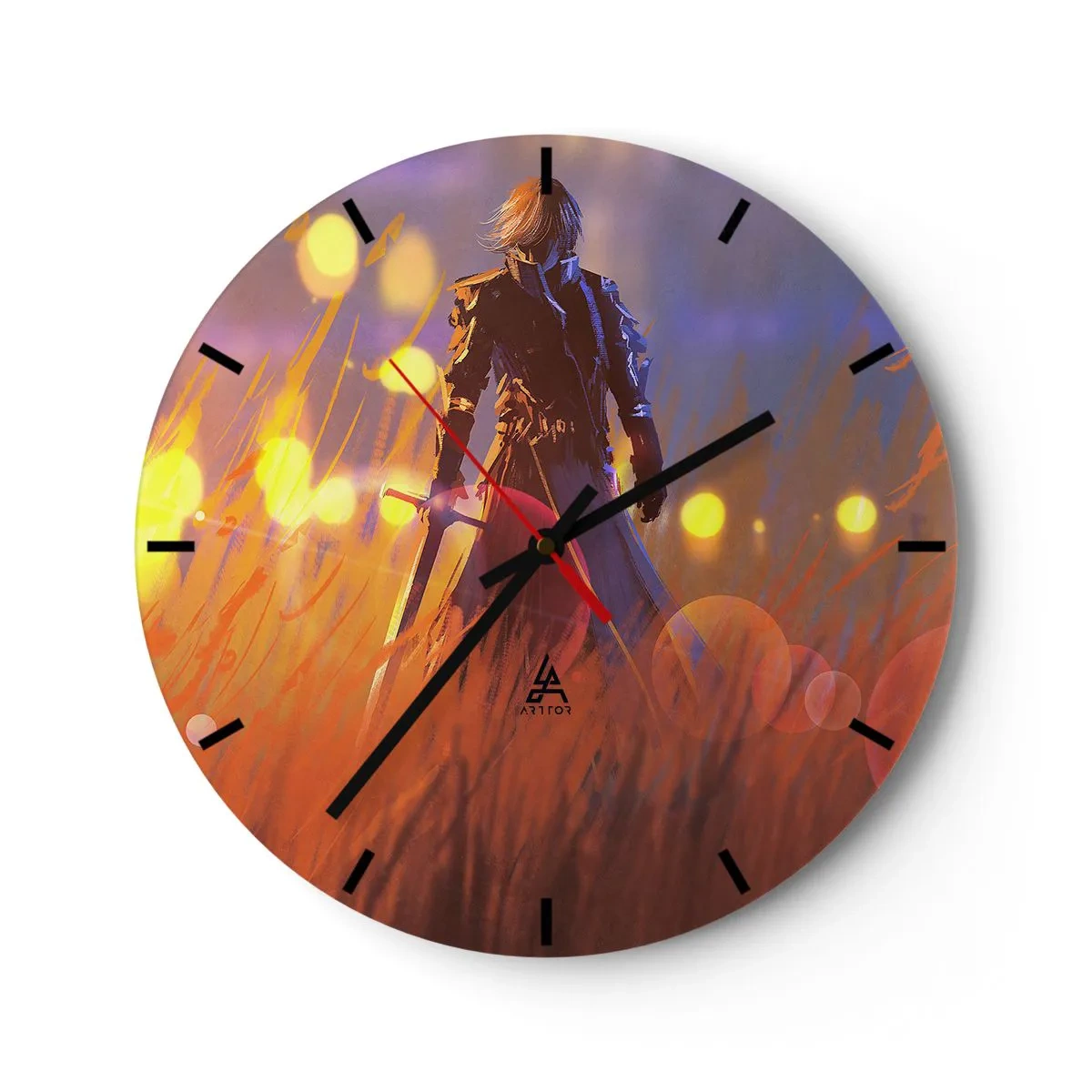 Wandklok - Klok - De figuur van een ridder tegen de achtergrond van een stralende zonsondergang - 30x30cm - Dolende ridder - Moderne wanddecoratie voor woonkamer, keuken en slaapkamer ARTTOR