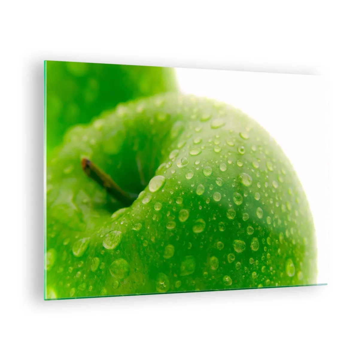 Schilderen op glas - Een groene appel bedekt met waterdruppels - 70x50cm - Groene koele frisheid - Moderne wanddecoratie voor woonkamer en slaapkamer ARTTOR