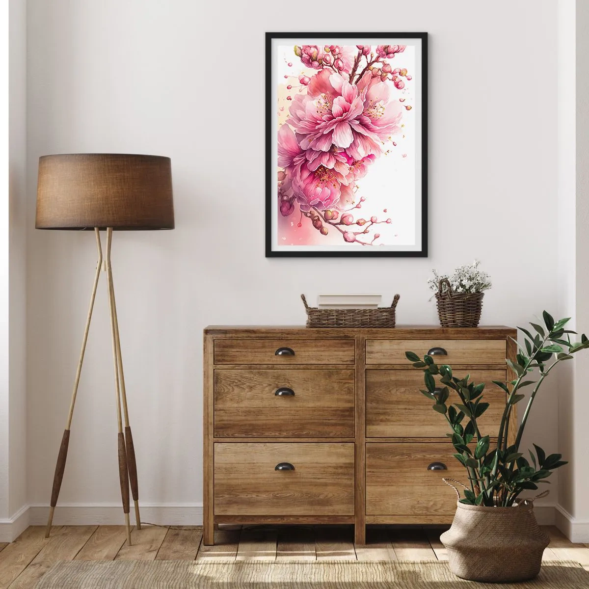 Poster in een zwarte lijst - Tedere roze kersenbloesems in volle bloei tegen een lichte achtergrond - 50x70cm - Kersenbloesem  - Moderne wanddecoratie voor woonkamer en slaapkamer ARTTOR