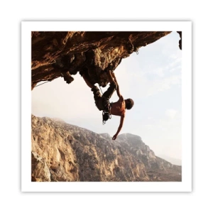 Poster - De wereld gekrompen in een hand op een rotsblok  - 60x60 cm