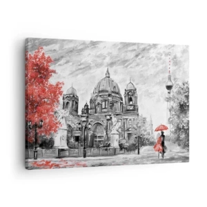 Schilderen op canvas - Zwart-witscène met Berlijn, een rode paraplu en een boom - 70x50cm - Berlijn bijeenkomst - Moderne wanddecoratie voor woonkamer en slaapkamer ARTTOR
