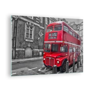 Schilderen op glas - Een rode Londense bus tegen een zwart-witte straatachtergrond - 70x50cm - Altijd hetzelfde - Moderne wanddecoratie voor woonkamer en slaapkamer ARTTOR