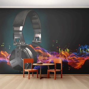 Fotobehang Premium Sand - In vuur en vlam van muziek - Abstractie, Muziek, Koptelefoon - 100x70 cm