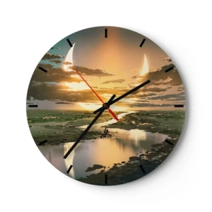 Wandklok - Klok - Landschap met twee manen tegen de ondergaande zon - 30x30cm - Ergens in een sterrenstelsel ver, ver weg - Moderne wanddecoratie voor woonkamer, keuken en slaapkamer ARTTOR