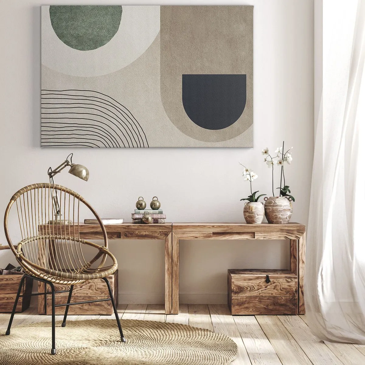 Schilderen op canvas - Geometrische vormen in tinten beige en groen - 70x50cm - De zachtheid van het ovaal - Moderne wanddecoratie voor woonkamer en slaapkamer ARTTOR