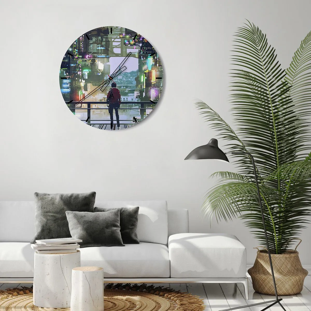 Wandklok - Klok - Een figuur in een futuristische stad met neonlichten en een skyline op de achtergrond - 30x30cm - Twee werelden - Moderne wanddecoratie voor woonkamer, keuken en slaapkamer ARTTOR