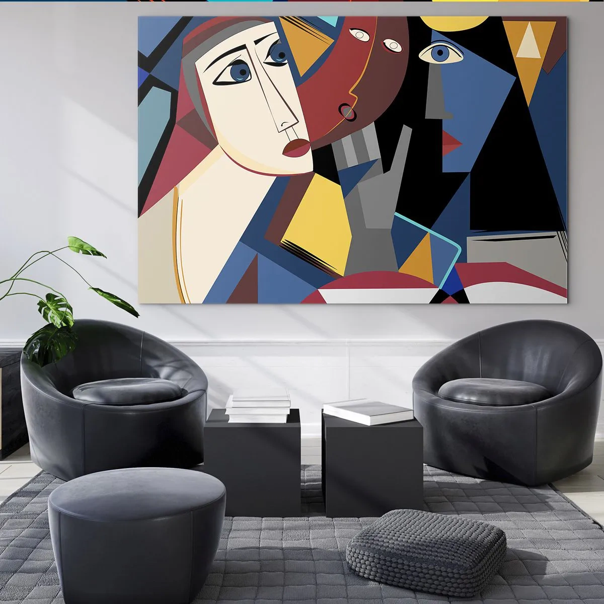 Schilderen op glas - Kubistische gezichten in intense kleuren - 70x50cm - Een gesprek tussen kubisten - Moderne wanddecoratie voor woonkamer en slaapkamer ARTTOR