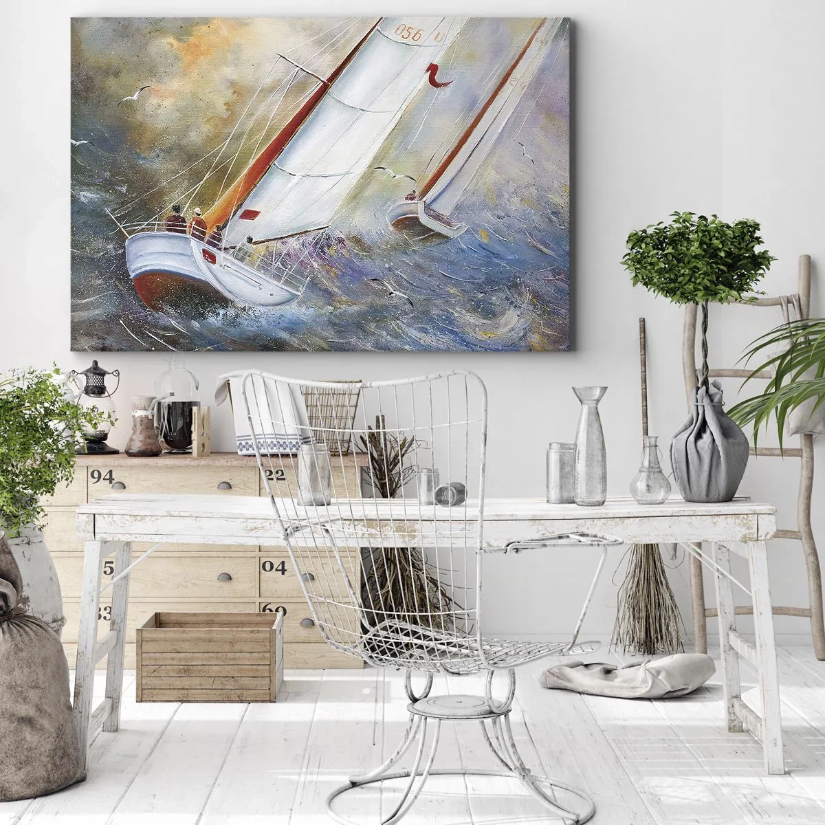 Schilderen op canvas - Zeilboten op ruwe golven in een dynamische compositie - 70x50cm - Lopend op de golven  - Moderne wanddecoratie voor woonkamer en slaapkamer ARTTOR