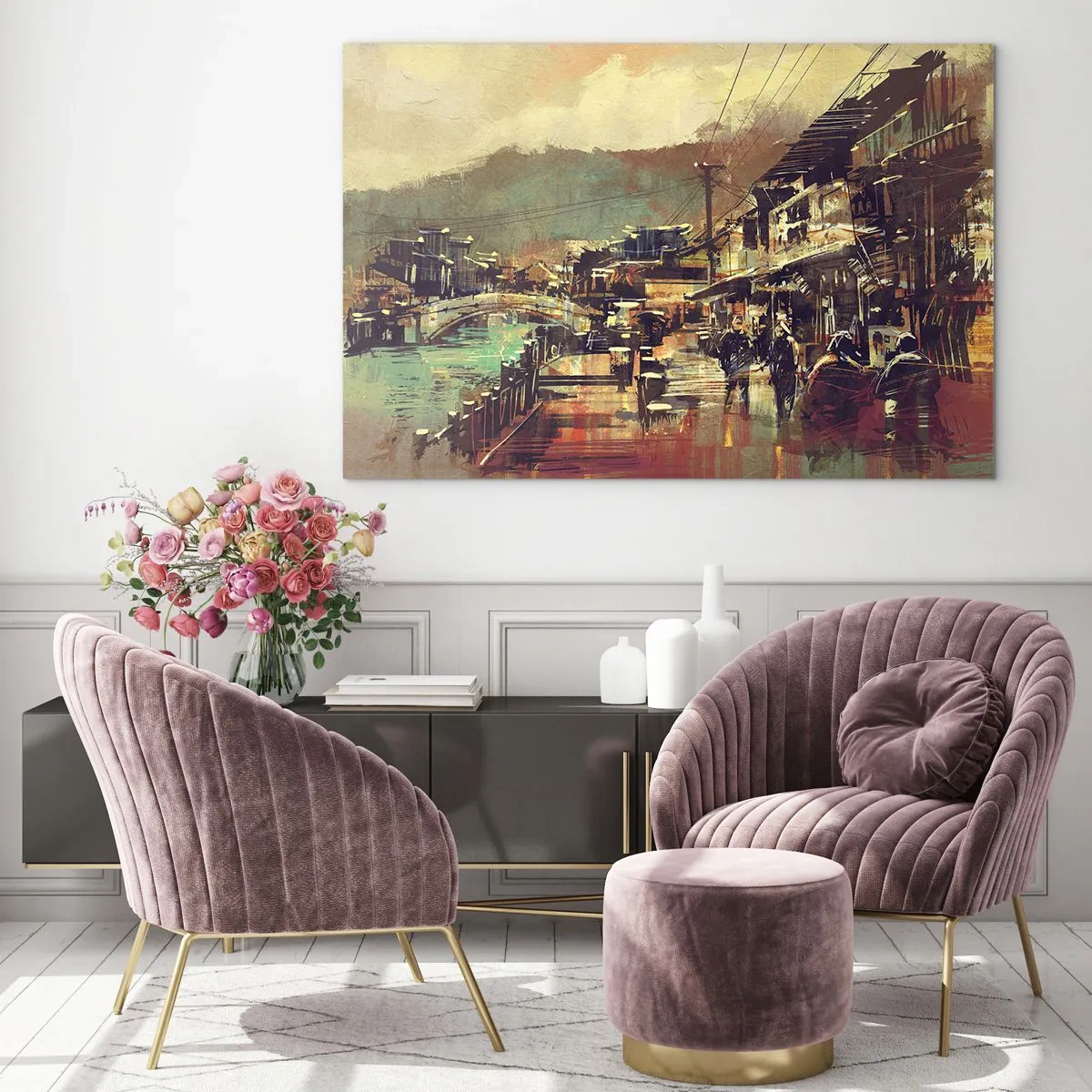 Schilderen op glas - Een straatbeeld in schilderachtige stijl met een brug- en kanaalmotief. - 70x50cm - Het leven als een rijkdom aan grijs - Moderne wanddecoratie voor woonkamer en slaapkamer ARTTOR