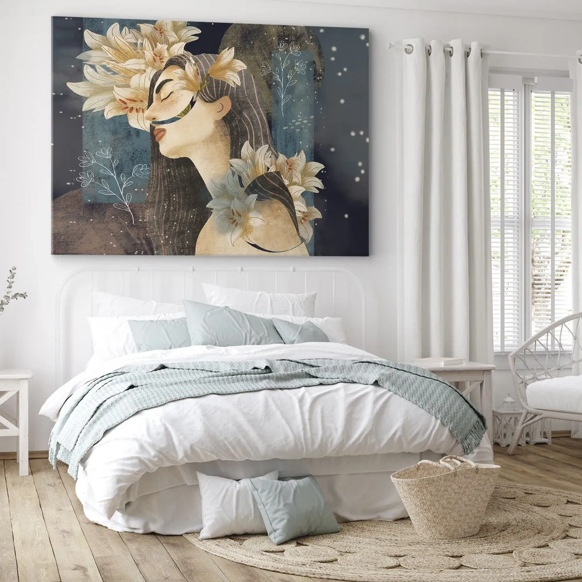 Schilderen op canvas - Portret van een vrouw met bloemen in een artistieke stijl op een donkere achtergrond - 70x50cm - Een sprookje over een prinses met lelies - Moderne wanddecoratie voor woonkamer en slaapkamer ARTTOR