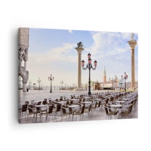 Schilderen op canvas - Venetië, uitzicht op het plein met zuilen en cafétafels - 70x50cm - We nodigen je uit, alles staat klaar - Moderne wanddecoratie voor woonkamer en slaapkamer ARTTOR