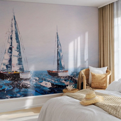 Fotobehang Standard Eco - Twee zeilboten op een stormachtige zee in impressionistische stijl - 100x70cm - Broederschap van de wind - Moderne wanddecoratie voor woonkamer en slaapkamer ARTTOR