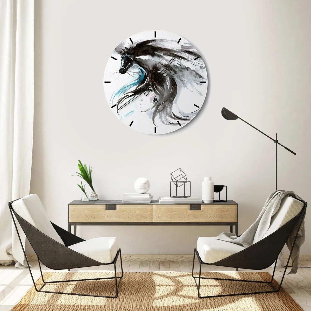 Wandklok - Klok - Een donker paard in dynamische beweging met wapperende manen in een artistieke stijl. - 30x30cm - Galop van de Zwarte Prins  - Moderne wanddecoratie voor woonkamer, keuken en slaapkamer ARTTOR