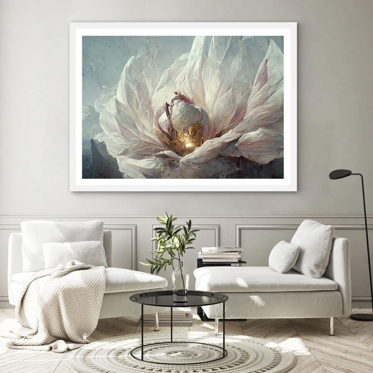 Poster in een witte lijst - Hij bloeit eens in de honderd jaar - 100x70 cm