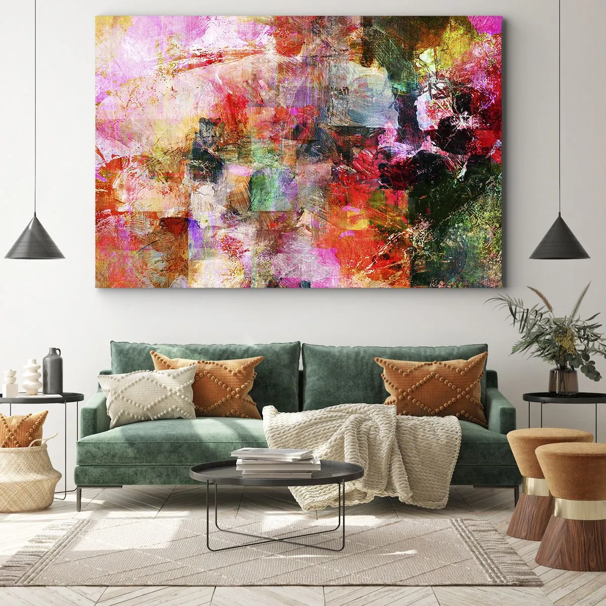 Schilderen op canvas - Een abstracte compositie met dominante roze en rode tinten. - 70x50cm - Een reis door de rozen - Moderne wanddecoratie voor woonkamer en slaapkamer ARTTOR