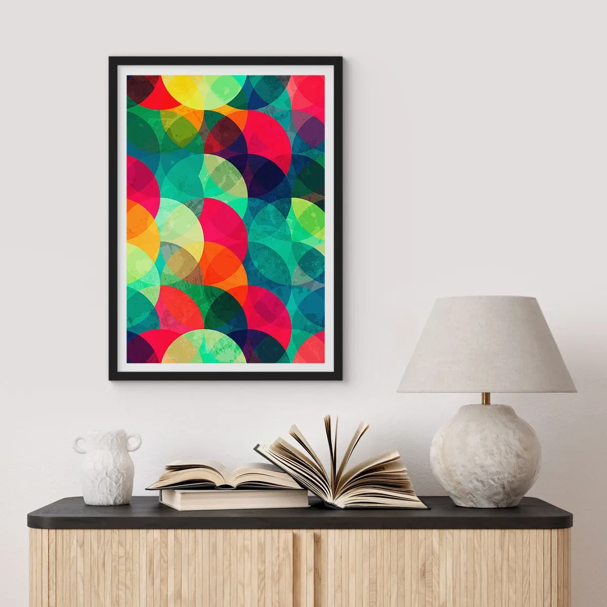 Poster in een zwarte lijst - Abstracte, kleurrijke cirkels die elkaar overlappen - 50x70cm - Beklimming naar de regenboog - Moderne wanddecoratie voor woonkamer en slaapkamer ARTTOR